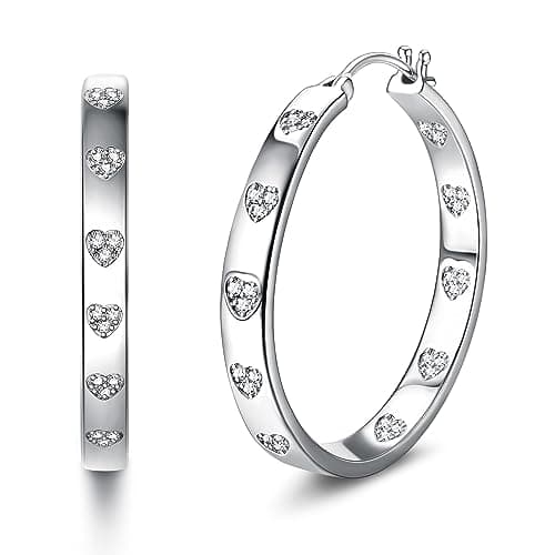 Image of KRFY 925 Sterling Silver Post Hoop Earrings For Women Cubic Zirconia Love Heart Earring Chunky Hypoallergenic Earrings Large Sparkly Diamond Hoop Silver Earring For Women