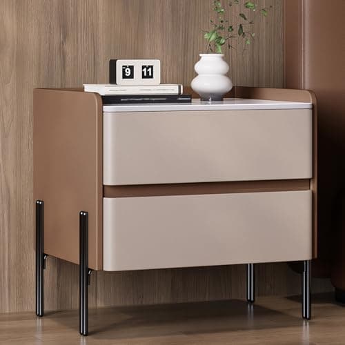 Image of LYXWGRZD Nightstands with High Legs, Rock Board Bedside Table with 2 Drawers, Modern Bed end Table with Leather Finish for Bedroom, Dorm, Office, Easy To Clean(Brown,40x40x50cm)