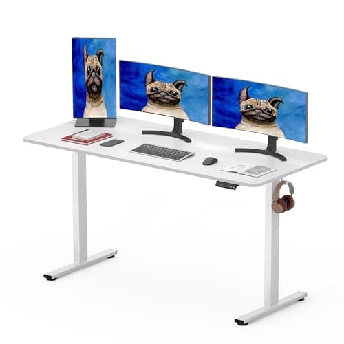 Image of SANODESK 160 x 80cm Electric Standing Desk ONE PIECE Height Adjustable Desk Sit Stand Desk Home Office Desk with 4 Height Memory Pre-Sets Smart Pannel and Hooks for Work, (White Frame+White Desktop)