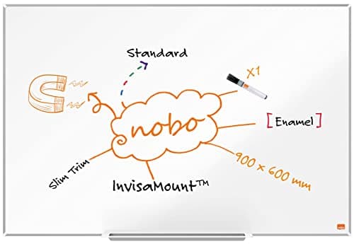 Image of Nobo Enamel Magnetic Whiteboard With Pen Tray, 900 x 600mm, Slim Trim Frame, InvisaMount Mounting System, Impression Pro, 90 x 60cm, White, 1915395