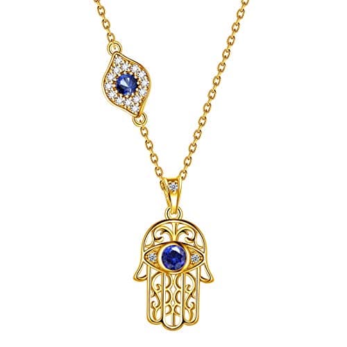 Image of Aurora Tears Hamsa Fatima Hand Necklace 925 Sterling Sliver Evil Eye Pendant Gold Plated with Blue Sapphire Dating Gifts for Women DP0125Y