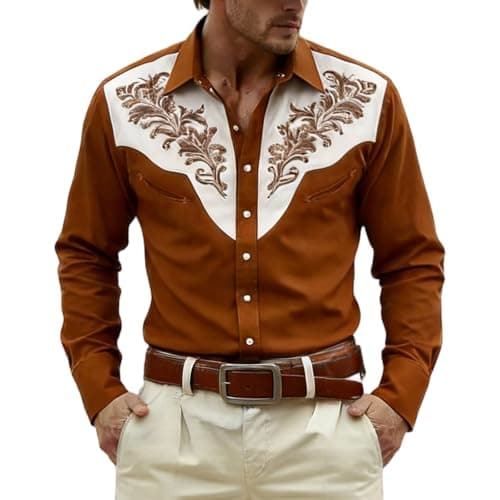 Image of Denim Shirts for Men Black Shirt Mens Check Men's Western Long Sleeve Slim Fit with Embroidered Design Retro Cowboy Casual Button Down Jacket Outfit Cow Boy Brown XL