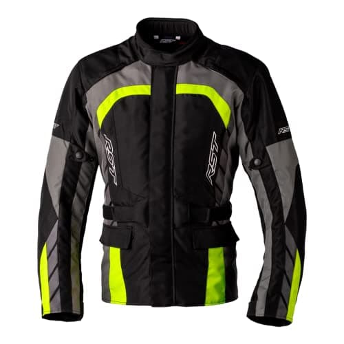 Image of RST Alpha 5 Mens Textile Jacket Motorbike Motorcycle Sports Touring Long Journey CE Approved Jacket (Black/Flo Yellow,46)