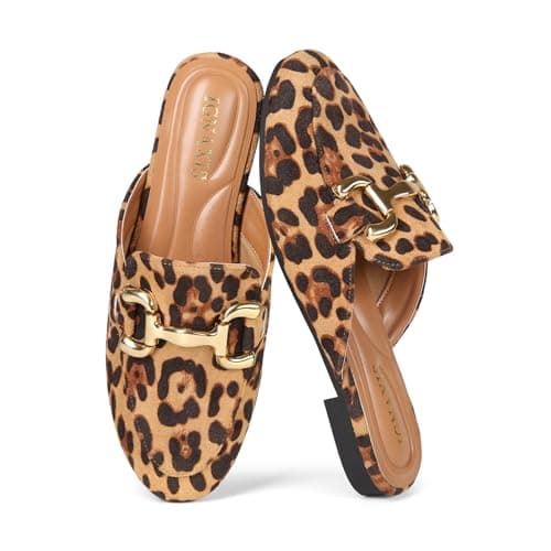 Image of ignaxis Mules for Women Flats Round Toe Womens Mules Buckle Slip on Slides Backless Loafer Shoes, Leopard Suede, 8 UK