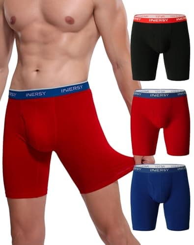 Image of INNERSY Mens Long Leg Boxers Anti Chafing Shorts Cotton Trunks with Fly Pants Underwear Multipack 3 (L, Blue/Black/Red)
