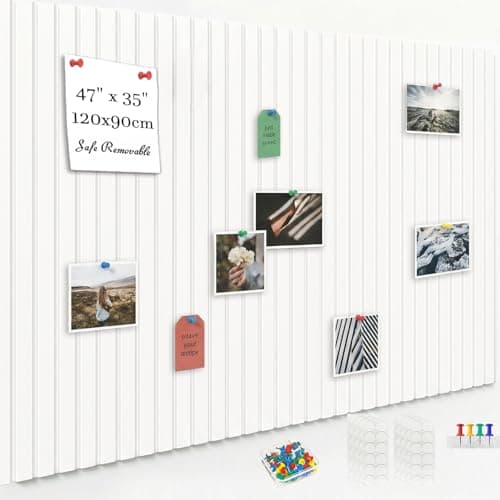 Image of Acidea Large Cork Board Alternative, 120X90cm 12pcs White High Density Felt Wall Tiles, with Safe Removable Adhesive Tabs and 50 Push Pins, Felt Cork Board for Home Office Wall Decor Tack Board