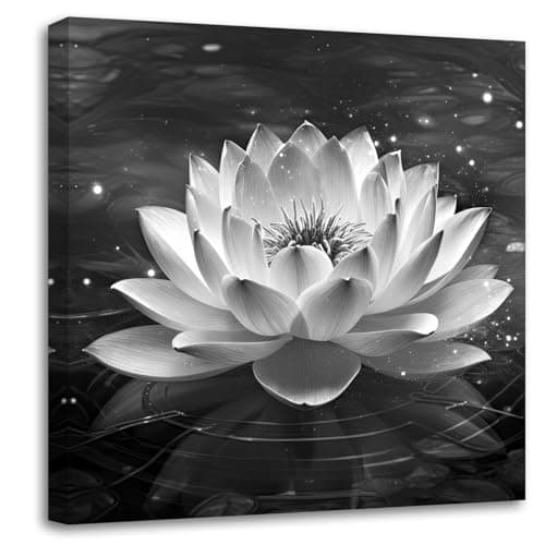 Image of LZIMU Black White Zen Canvas Wall Art Blossom Lotus Picture Water Lily Prints Spiritual Artwork for Bathroom Meditation Yoga Spa Room Decor(Picture-2, (16.00" x 16.00"))