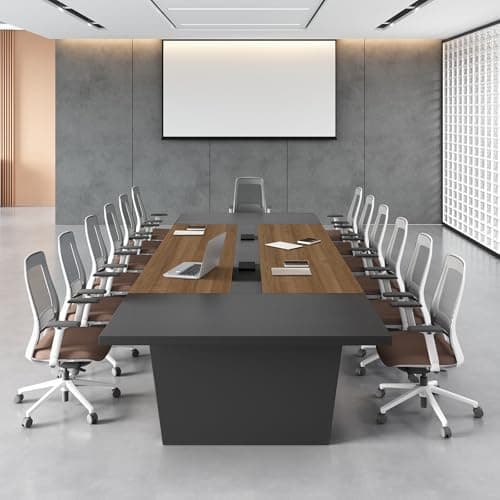 Image of 10FT Conference Table, Large Rectangular Seminar Meeting Table, Modern Conference Room Table with Charging Stations & 2" Thickened Desktop for Office Conference (Walnut & Gray, 118" L * 51" W * 30" H)