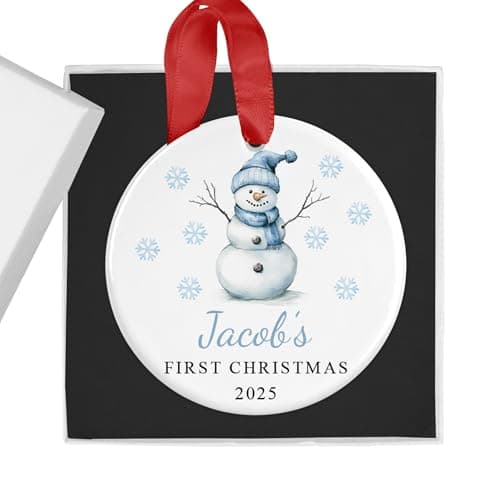 Image of Personalised Baby Boy's First Christmas Bauble with Gift Box - Blue Snowman - Custom Name & Year - Ceramic Tree Ornament Decoration Keepsake Gift for My 1st Xmas
