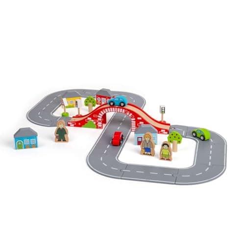 Image of Bigjigs Rail Figure of 8 Roadway | 36 Piece Wooden Road Track for Toy Cars | Kids Car Toys | Tiles, Traffic Lights, Signs & Town Accessories | Educational Toddler Set | Gifts for 3+ Year Old Children