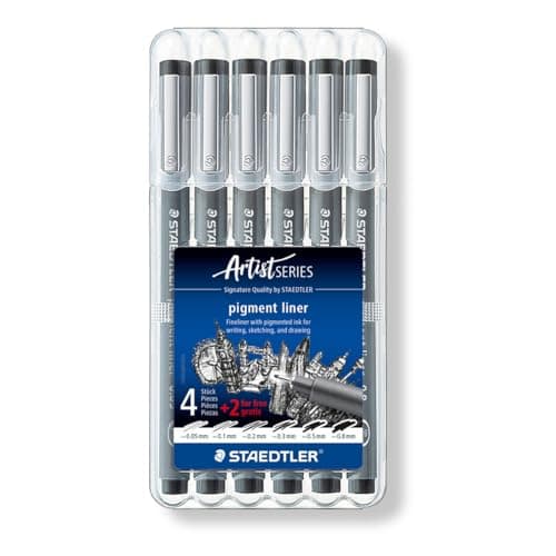 Image of STAEDTLER ‎308 SB6P Pigment Liner Fineliner Pens with Assorted Line Width - Black (Set of 4 + 2 Free)
