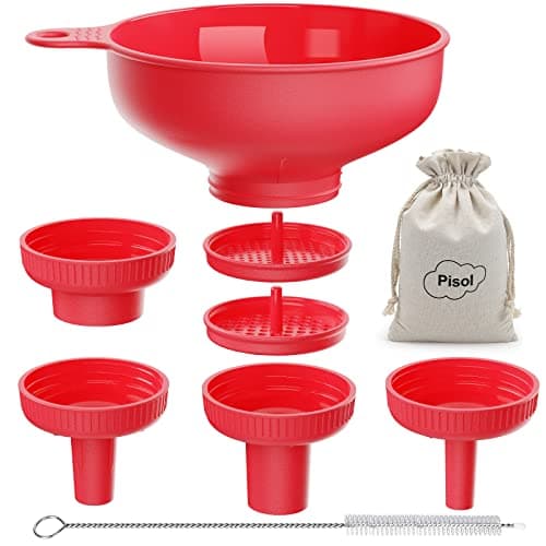 Image of Pisol Wide Mouth Versatile Funnel, Canning Funnels for Kitchen Use, Food Grade Plastic Cooking Funnel Set with 4 Size Spouts and 2 Strainers for Filling Different Bottles and Bags, Red