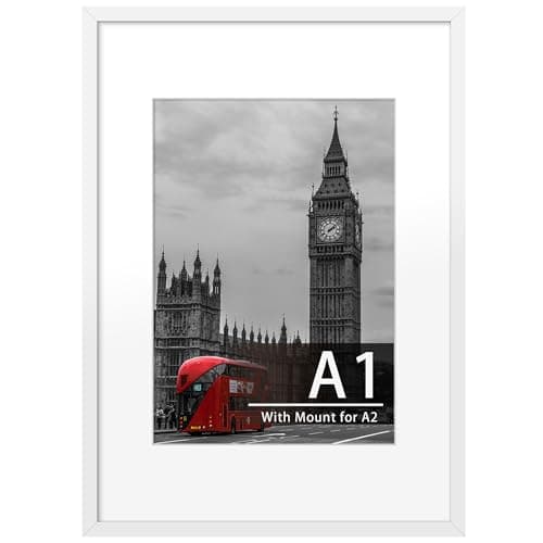 Image of Tinkeps A1 White Picture Frame, Engineered Wood and Plexiglass, A1 Frame with A2 Mount for A2 Prints, Photos, and Posters, Wall Mountable, (59.4×84.1cm) Poster Frame