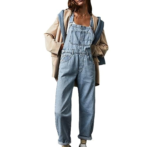 Image of FeMereina Denim Overalls for Women Loose Fit Classic Bib Casual Jean Stretchy Denim Overall Jumpsuit Tapered Leg Jean Pants (Light Blue, XL)