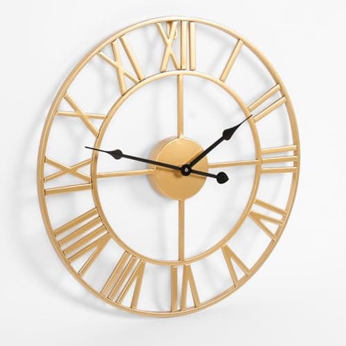Image of OHS Large Wall Clock Gold, Metal Vintage Wall Clocks for Living Room Kitchen Office Bedroom Skeleton Clock with Roman Numerals Easy to Install Battery Operated Clock, 40cm
