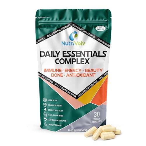 Image of Daily Essentials Complex | 30 Vegan Capsules | One-A-Day Multivitamin with Bioactive B12, Methylfolate, Zinc Monomethionine, D3, Omega-3 & CoQ10 | Immune, Energy, Beauty & Bone Support | by NutriVolv