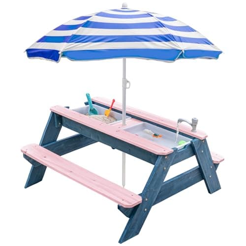 Image of K LUCKIDS Kids 3-in-1 Sand & Water Activity Table, Wood Outdoor Convertible Picnic Table with Umbrella, 2 Play Boxes, Removable Top, Faucet Table Outdoor (Pink/Navy)