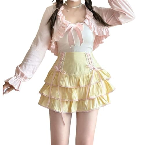 Image of Cuteighteen Lolita Tiered Mini Skirt Women Skorts Kawaii Layered Ruffle High Waist Lace Up A Line Cute Skirts for Teen Girls, Yellow, L