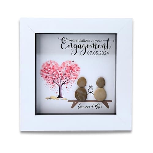 Image of Personalised Engagement Pebble Art Picture - Handmade Engagement Gifts and Presents for Couples, Unique and Beautiful Keepsake Frame to Commemorate Your Fiances Special Day (Love Heart Tree)