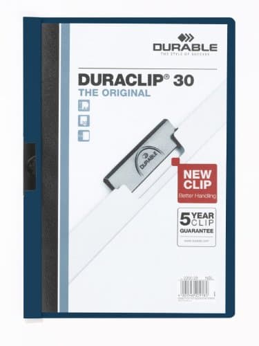 Image of Durable DURACLIP 30 A4 Clip Folder - Holds Up to 30 Sheets of A4 Paper - Strong Metal Sprung Clip - Pack of 25 Midnight Blue Colour Folders for Organising Documents