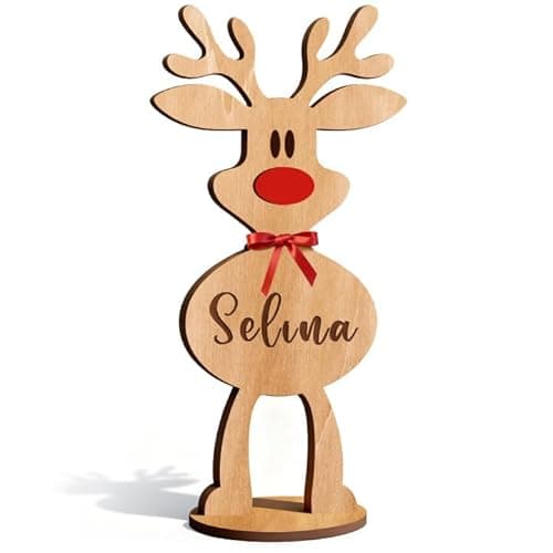 Image of EDSG Personalised Christmas Decorations Sign, Wooden Reindeer Christmas Table Decoration Place Name, Xmas Ornament Table Place Name Card Setting Decoration Family Gifts (Large)