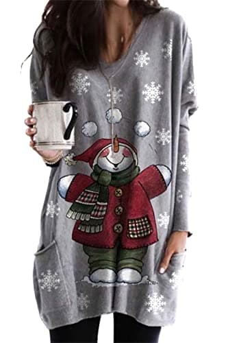 Image of YMING Women's Winter Christmas Jumpers Long Sleeve Sweatshirts Crewneck Sweatshirts Snowman Grey XXL