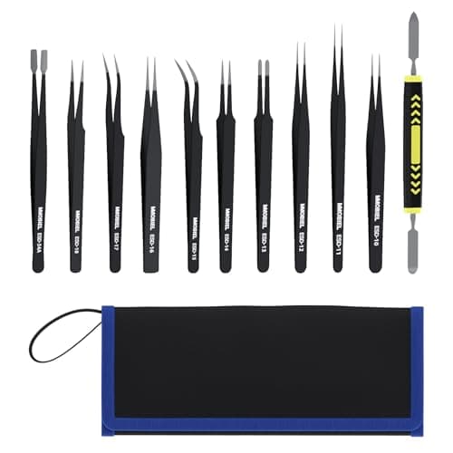 Image of MMOBIEL 10x Industrial Precision ESD Tweezers Anti-Static Stainless Steel for Electronics Tools, Jewelry, Computer, Laboratory Work, Crafts and Hobbies etc. – Incl. Spatula and Case