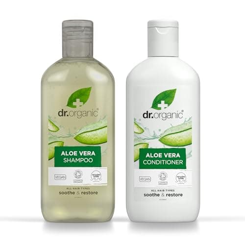 Image of Dr Organic Aloe Vera Shampoo & Conditioner Set with Travel Bag, Soothing, All Hair Types, Natural, Vegan, Cruelty-Free, Paraben & SLS-Free, Recyclable & Recycled Ocean Bound Plastic, Organic, 265ml