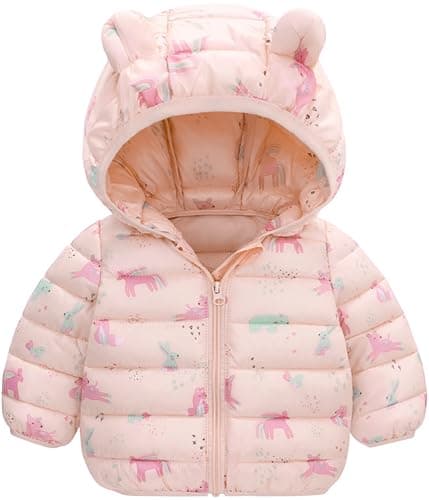 Image of Maeau Baby Boy Girl Winter Puffer Jacket Printed Cute Bear Hooded Coat Zipper Lightweight Padded Down Jacket Outerwear B Pink 2-3 T