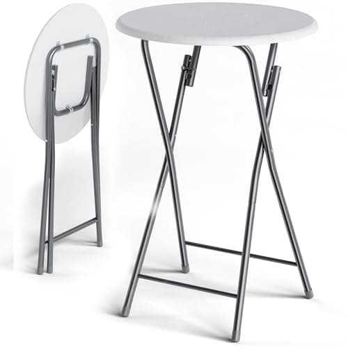 Image of CASARIA® 2x Wood Effect Folding 60cm Bar Tables | Height 110cm | Foldable Easy Care | Side Table Set Cocktail Round Dining High Garden Patio Balcony Terrace | White