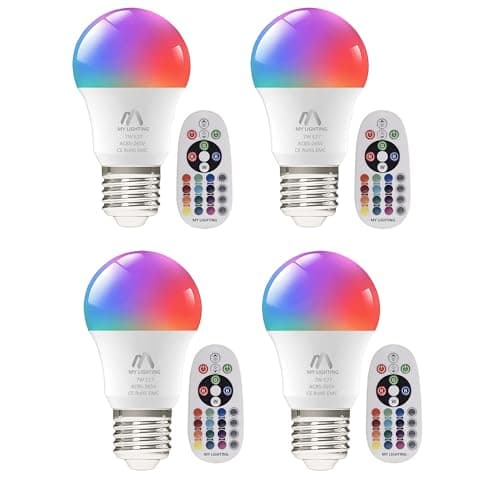 Image of My Lighting 7W E27 LED Bulbs | RGB + Warm White 3000K, 16 Million Colors, Dimmable | 806 Lumens, Remote Control | Long-Lasting Edison Screw LED Lights for Home Décor & Mood Lighting (Pack of 4)
