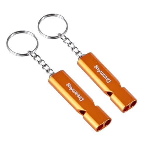 Image of 2-piece orange emergency survival whistle — double-tube metal safety whistle with key ring, suitable for outdoor activities, camping, hiking, boating and dog training (loud, waterproof, moisture-proof