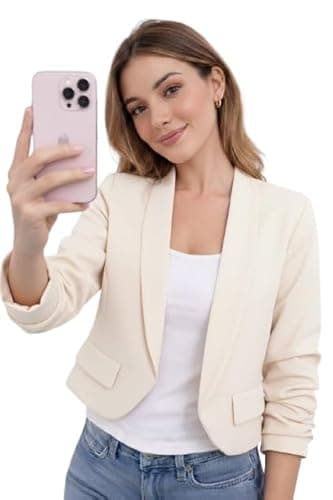Image of Sykesstyle Women’s Cropped Blazer – Ruched 3/4 Sleeve Tailored Jacket – Fully Lined Modern Shrug with Front Pockets – Smart Casual Office Wear UK 8–14 (UK, Numeric, 10, Regular, Regular, Cream)