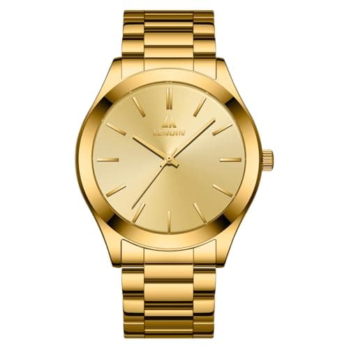 Image of LN LENQIN Mens Watches Stainless Steel Analogue Quartz Minimalist Luxury Waterproof Men's Wrist Watches Metal Casual Business Dress Watch for Men (All Gold)
