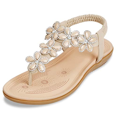 Image of ZOEREA Women's Flat Sandals, T-Strap Rhinestone Flower Bead Sandals, Ladies Summer Folk Boho Clip Toe Flip Flops Shoes, 6 UK, Apricot 3