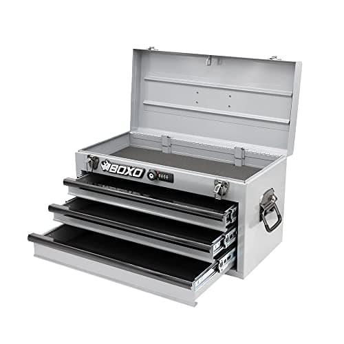 Image of Boxo USA Heavy-Duty 3-Drawer Steel Tool Box - Portable Hand Carry Toolbox Organizer with Ball Bearing Slides & Secure Key & Digital Lock System (Nardo Gray)