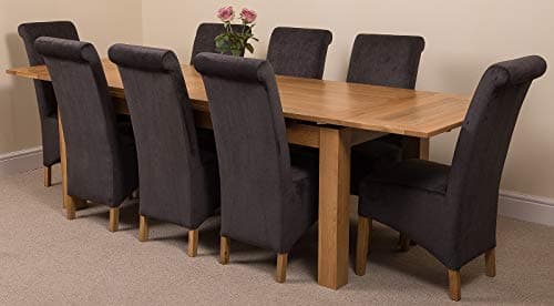 Image of OakFurnitureKing Solid Oak Extending Dining Table & Chairs Set 8 Seater Kitchen Dining Set – Richmond 200-280 cm Extendable Table & Montana Upholstered Black Fabric Chairs, Wooden Furniture