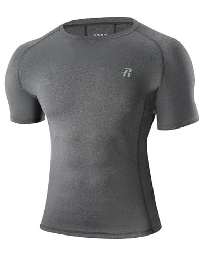 Image of Runhit Short Sleeve Compression Shirts,Gym Tops for Mens Sports T-Shirts Running Base Layers Top for Fitness Athletic Training Workout Dark Grey S