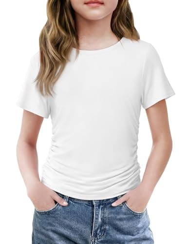 Image of Arshiner T-Shirt Girls Short-Sleeve White Summer Shirts Round Neck Solid Color Tee Fitted Stretch Soft Comfortable Basic Fashion Top Everyday Casual Tops 10-11 Years