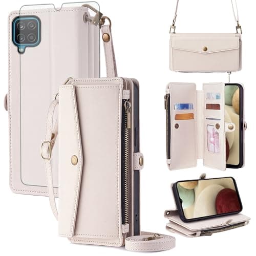 Image of Asuwish Mobile Phone Case for Samsung Galaxy A12/M12 Case with Strap Film Protective Film Card Slot Foldable Wallet Stand A 12 Nacho 4G 5G Mobile Phone Cases Protective Zip Wallet Phone Case White