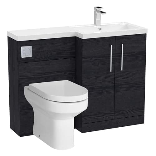 Image of Balterley Vanity Unit with Basin, WC Unit with Toilet Pan, Seat, Cistern, Floor Standing 2 Door Soft Close Vanity, Toilet Pan with Soft Close Seat, Right Hand Bathroom Sink (Black Woodgrain)