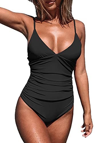Image of CUPSHE Women's One Piece Swimsuit Triangle Low Back Beach Swimwear Tummy Control Bathing Suit Swimming Costume Black, S