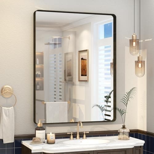 Image of VANLIO 28x36 Inch Bronze Framed Bathroom Mirror, Brushed Bronze Metal Vanity Mirror, Rounded Bronze Rectangle Mirror, Tempered Glass, Anti-Rust, Shatterproof (Horizontal/Vertical)