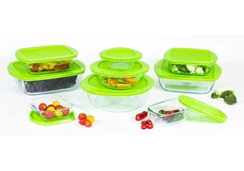 Image of Pyrex Cook and Store 18 Piece Glass Storage Dishes Green Plastic Lid