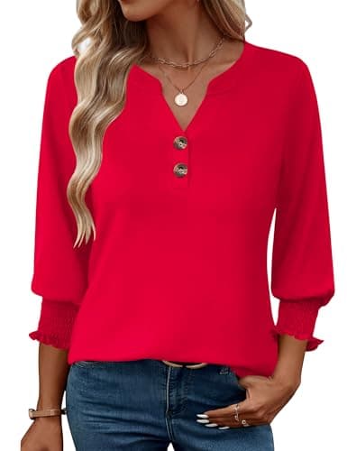 Image of Rapbin Ladies Blouse 3/4 Sleeve V Neck Buttons Up Tunic Casual Pleated Ruffle Tops for Office Wear(Red,M)