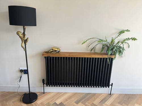 Image of INDUSTRIAL WOODWORK Radiator Shelf with Brackets 15cm Deep | Handmade in UK | Wooden Wall Shelves Solid Wood Dark Oak Finish Radiator Cover (100cm)