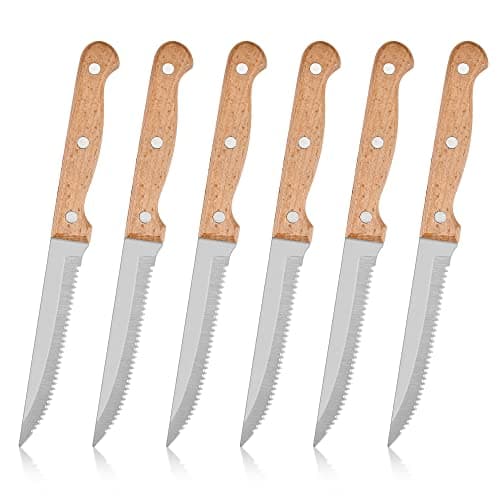 Image of Herogo Steak Knives Set of 6, Stainless Steel Serrated Steak Knife, Dishwasher Safe Kitchen Steak Knife Set, Sharp Dinner Knives with Wooden Handle, Cutlery Knives for Home/Table/Restaurant