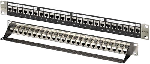 Image of FGB 10Gbps 1U 24 Port Patch Panel and Cat7 RJ45 Shielded Keystone Coupler, 19" Rackmount or Wall Mount Patch Panel with Back Bar, Network Patch Panel for Gigabit Network Switch