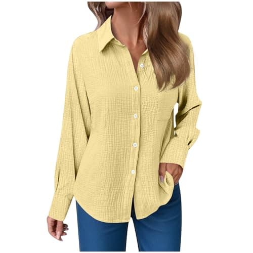 Image of Shirts for Women UK Plain Blouses Ladies Button Up T Shirts Long Sleeve Tops Lapel Neck Shirt Loose Fit Stretch Blouse with Pocket Oversized Tees Comfortable Cotton Loungwear Workout Holiday Dress Top
