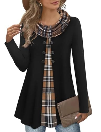Image of GUUKA Women Casual Long Sleeve 2 in 1 Jumpers Sweatshirt Ladies Cowl Neck Fall Pullover Winter Sweaters Tunic Tops with Buttons for UK(Black and Coffee,M)
